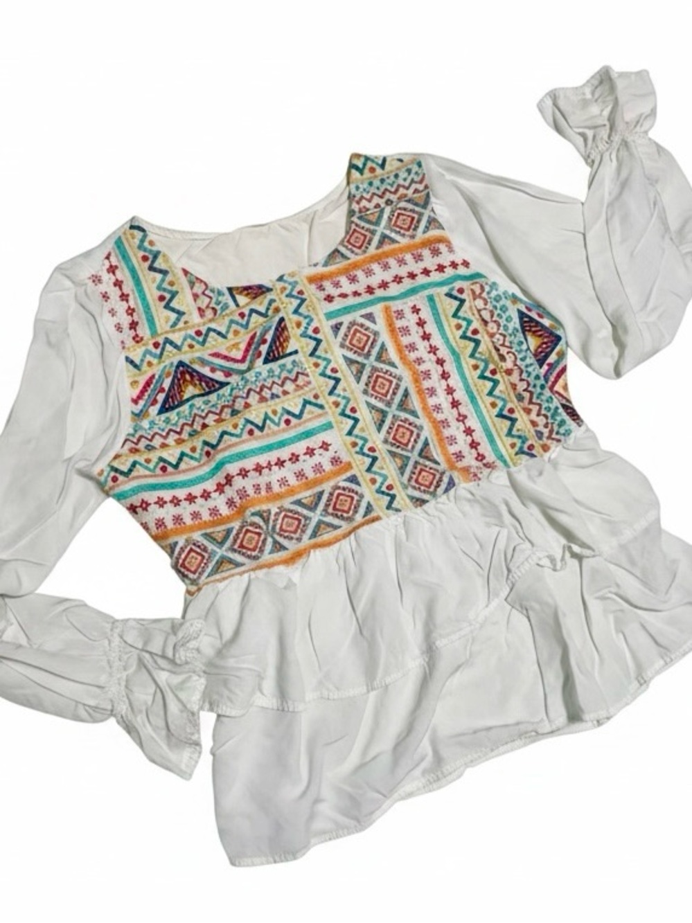 Savanna Jane White Peplum Blouse with Colorful Geometric Embroidery